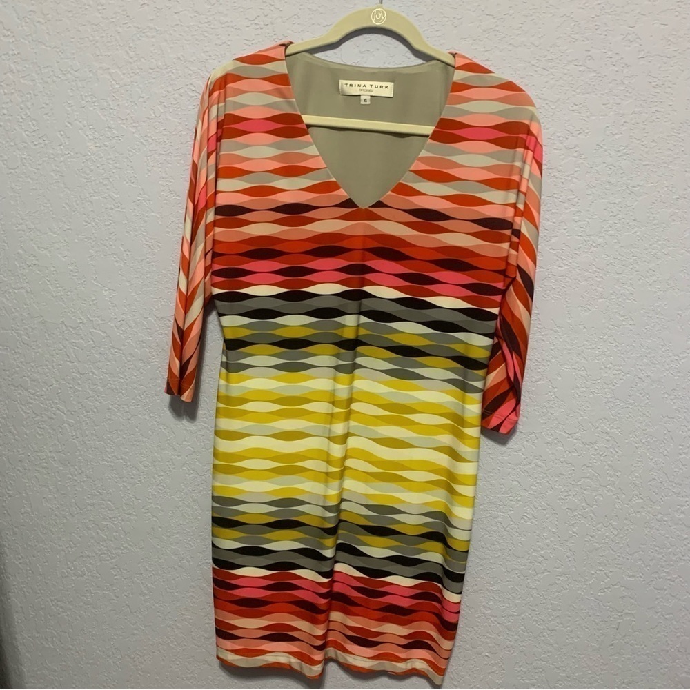 Trina Turk Geometric Jersey Lined Dolman Sleeves Mini Dress